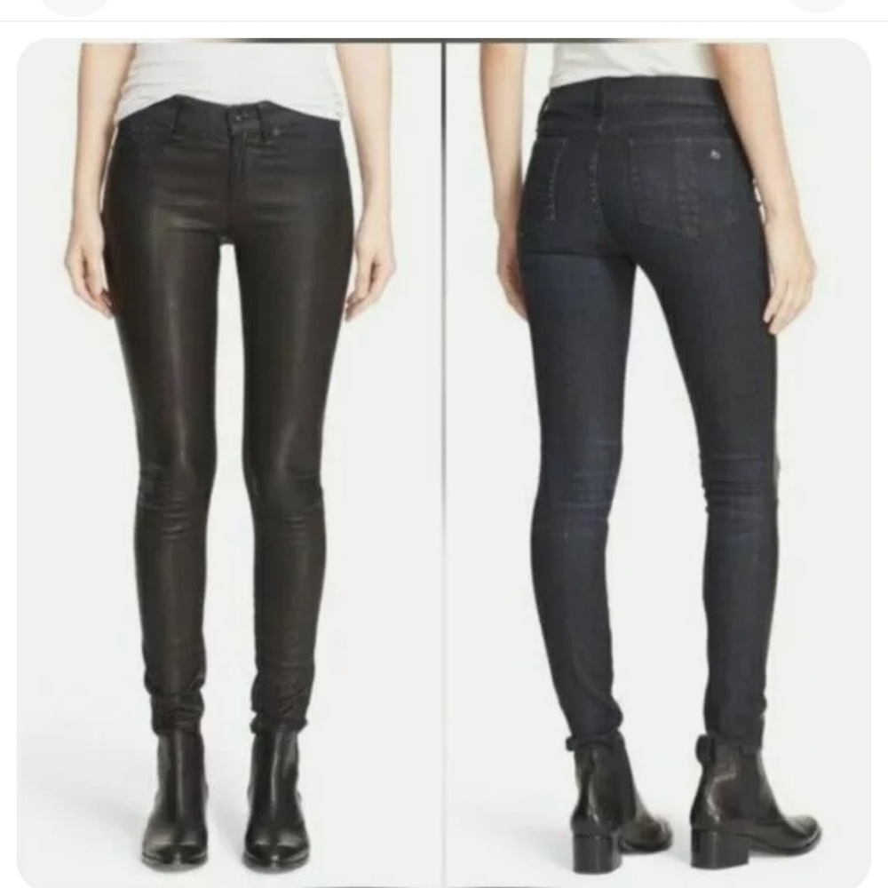 Rag & Bone skinny jeans dark denim and leather in the front